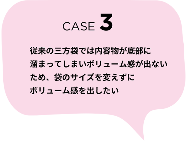 CASE 3 従来の三方袋では内容物が底部に溜まってしまいボリューム感が出ないため、袋のサイズを変えずにボリューム感を出したい